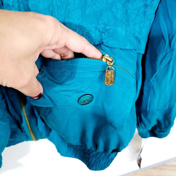 Vintage Fu Da Silk XL Teal Blue Silk Nylon Jacket Zip & Button Pockets ~JA106.13 - Picture 2 of 10